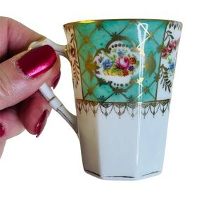 Demitasse Teacup Hand Painted Mint Green and Floral Gold Trim 2.25 w x 3" h
